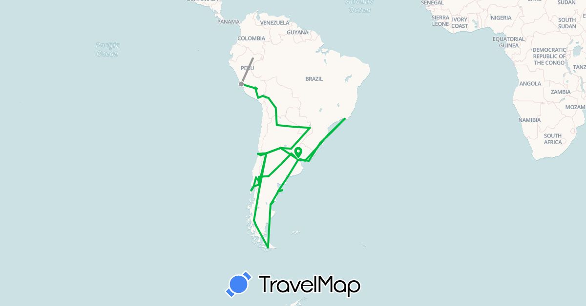 TravelMap itinerary: driving, bus, plane in Argentina, Bolivia, Brazil, Chile, Peru, Uruguay (South America)